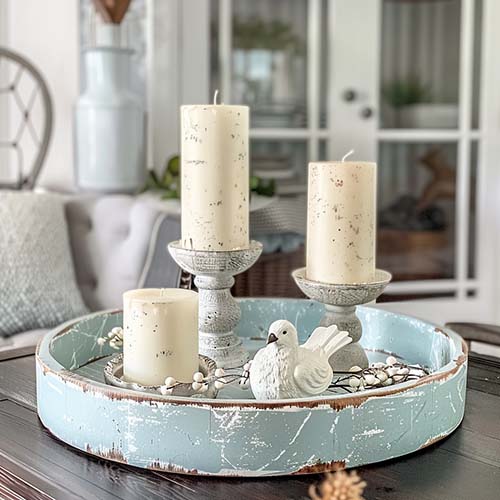 Spring Tray Decor with Bird Statues and Pillar Candle Holders