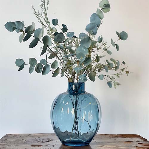 Clear Blue Vase with Eucalyptus spring table decor